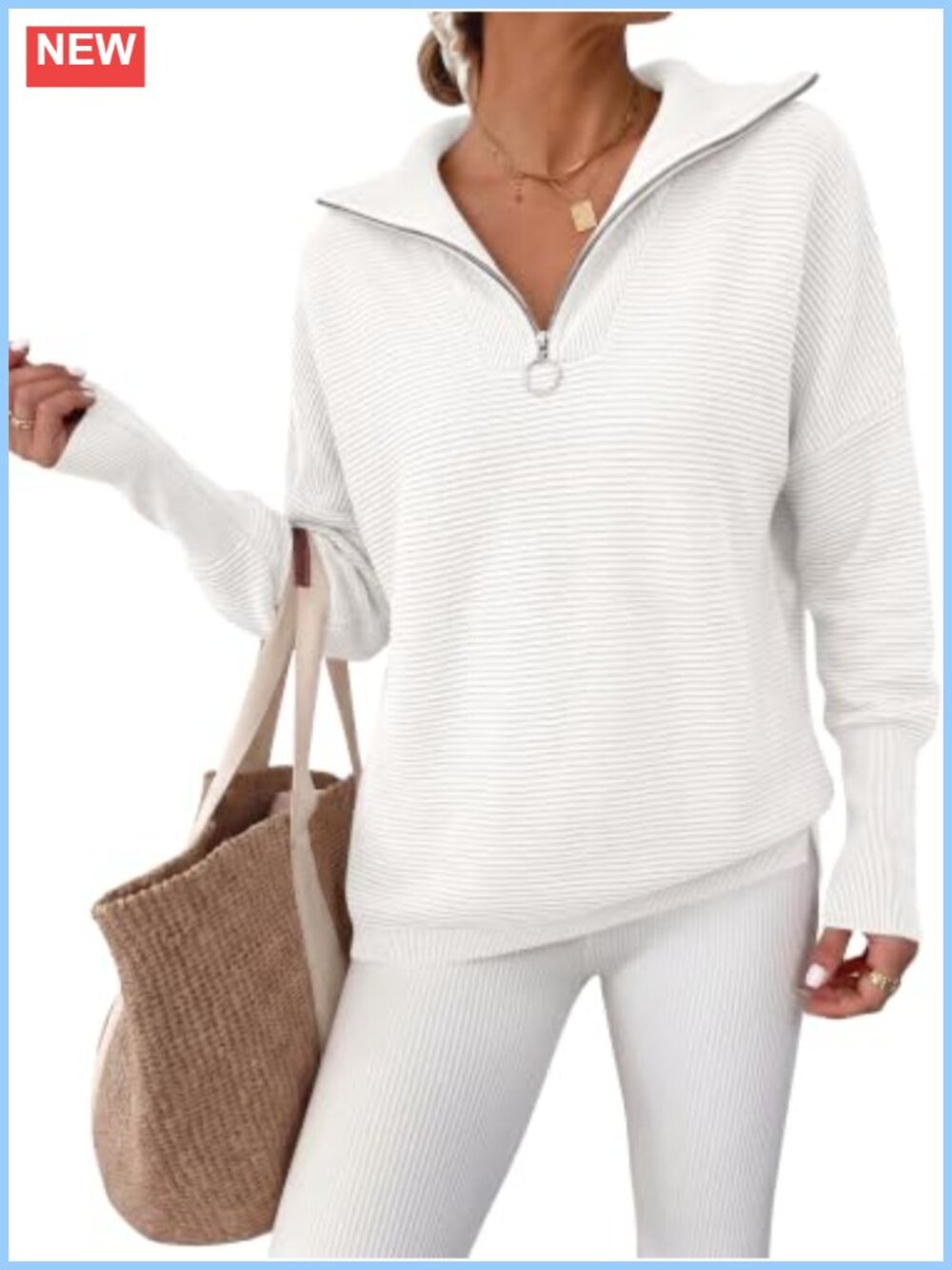 Women Long Sleeve Quarter Zip Pullover Oversized Sweater V-Neck